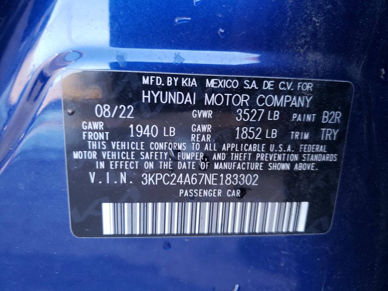 2022 HYUNDAI ACCENT SE VIN:3KPC24A67NE183302