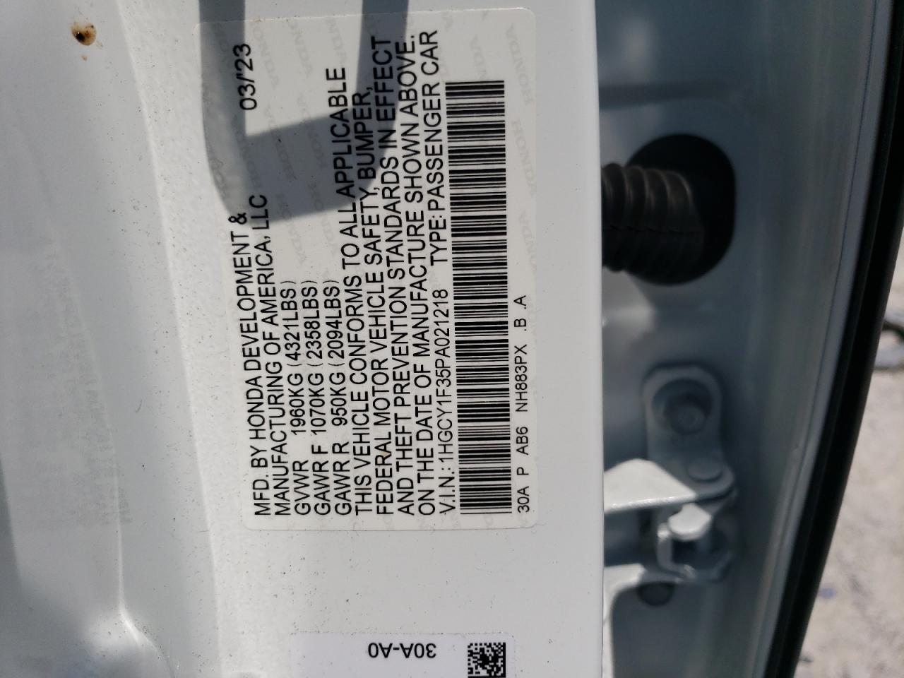 2023 HONDA ACCORD EX VIN:1HGCY1F35PA021218