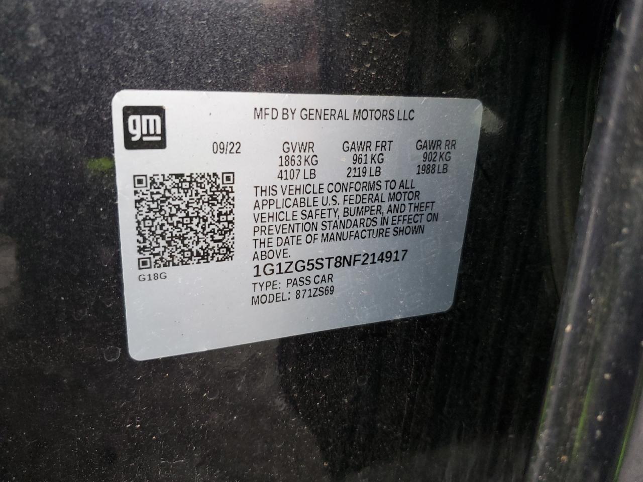 2022 CHEVROLET MALIBU RS VIN:1G1ZG5ST8NF214917