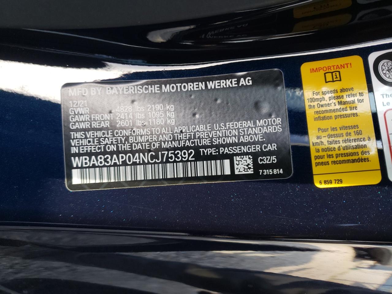 2022 BMW M440I VIN:WBA83AP04NCJ75392