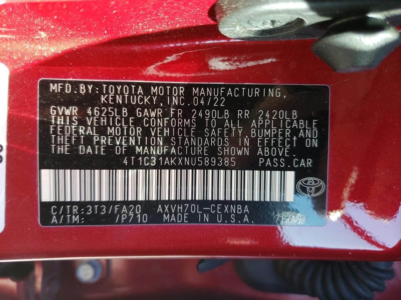 2022 TOYOTA CAMRY LE VIN:4T1C31AKXNU589385