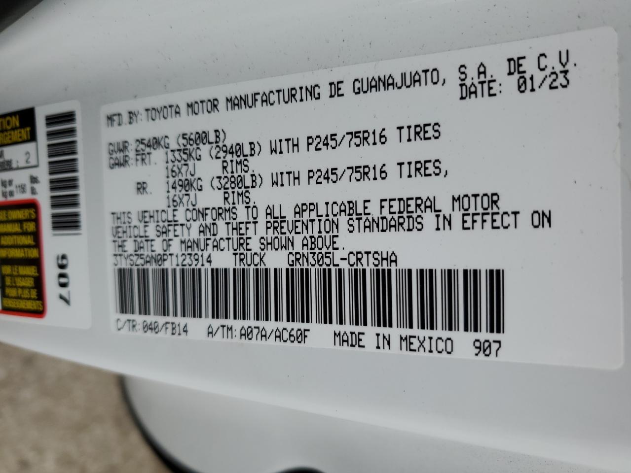 2023 TOYOTA TACOMA ACCESS CAB VIN:3TYSZ5AN0PT123914