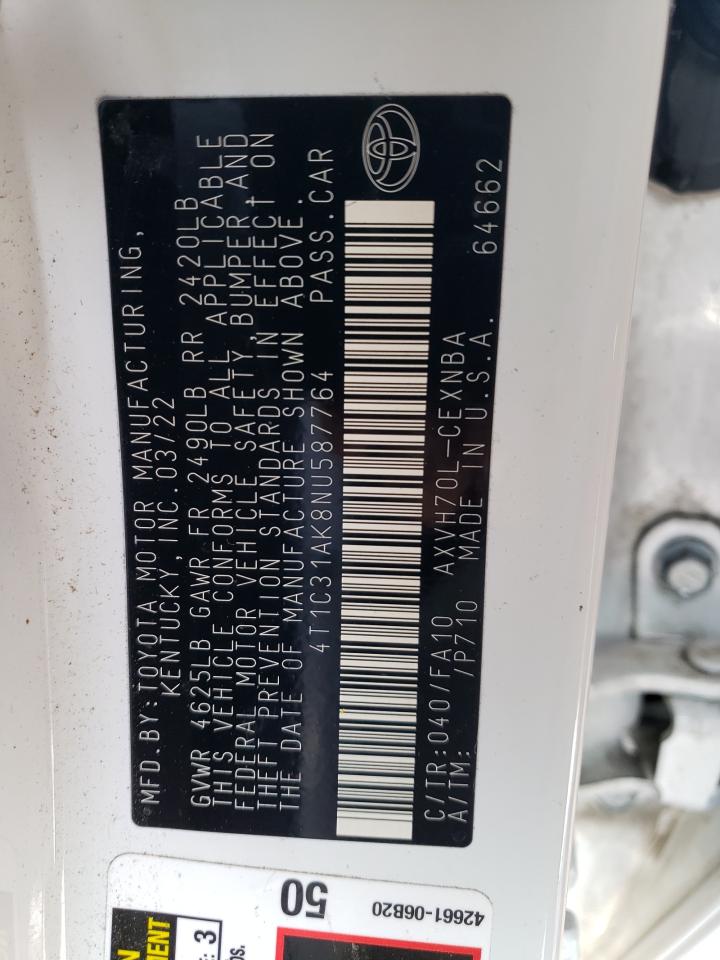 2022 TOYOTA CAMRY LE VIN:4T1C31AK8NU587764