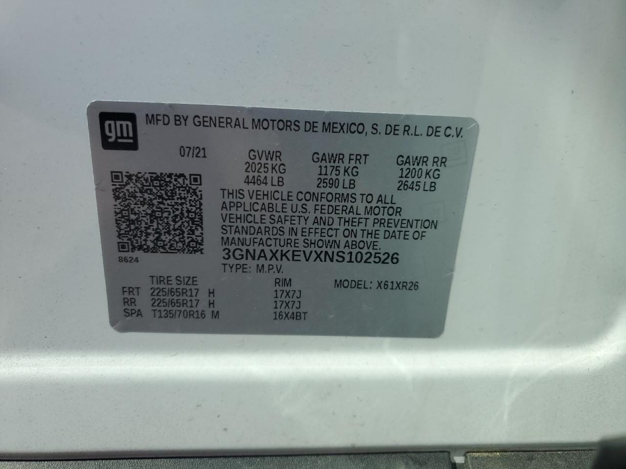 2022 CHEVROLET EQUINOX LT VIN:3GNAXKEVXNS102526