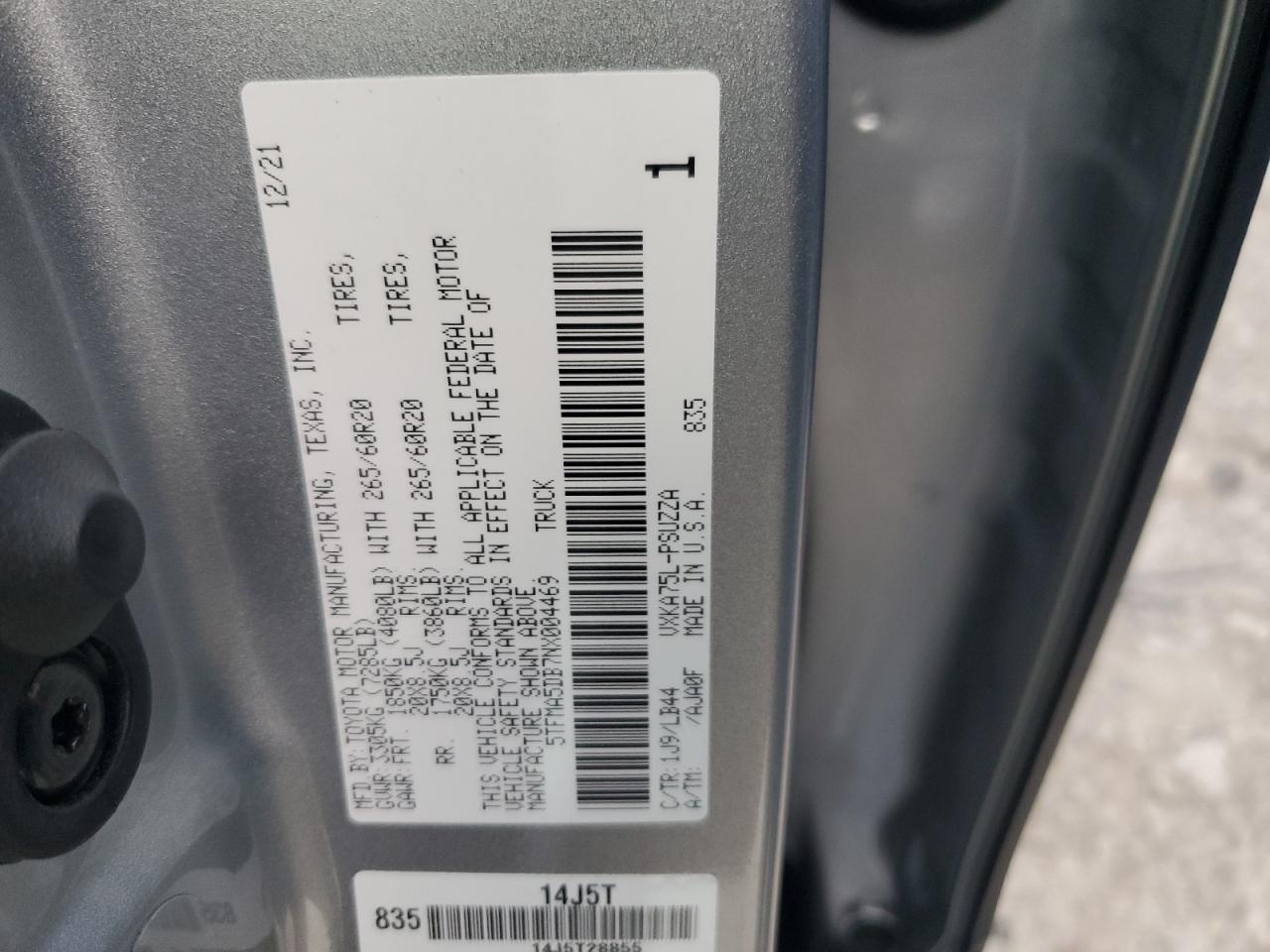 2022 TOYOTA TUNDRA CREWMAX PLATINUM VIN:5TFMA5DB7NX004469