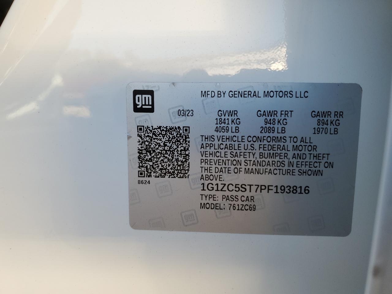 2023 CHEVROLET MALIBU LS VIN:1G1ZC5ST7PF193816