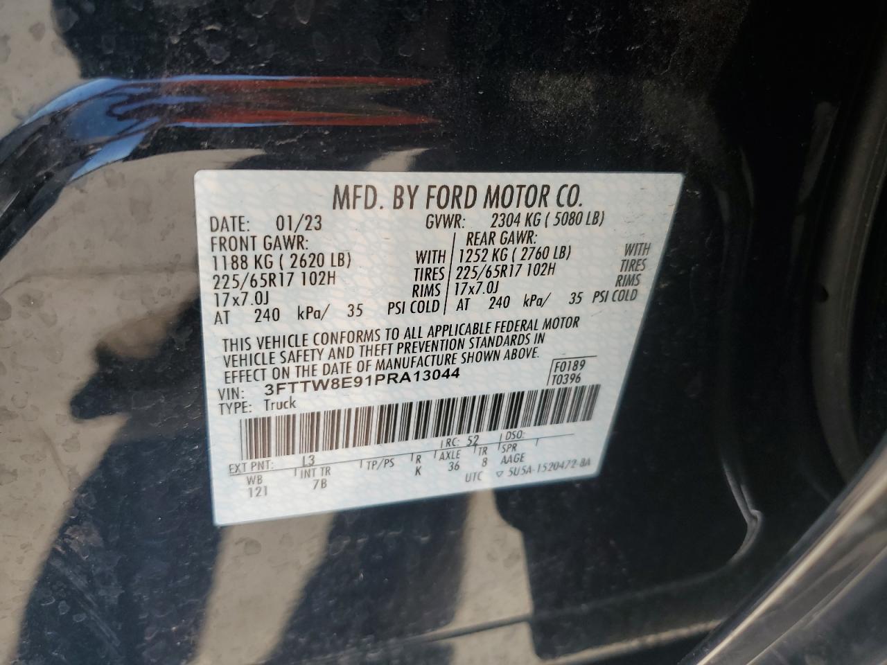 2023 FORD MAVERICK XL VIN:3FTTW8E91PRA13044