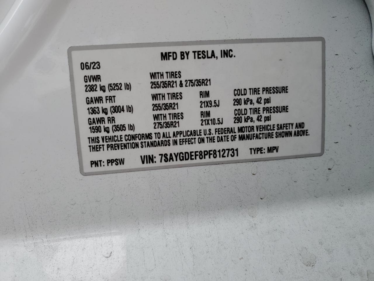 2023 TESLA MODEL Y VIN:7SAYGDEF8PF812731