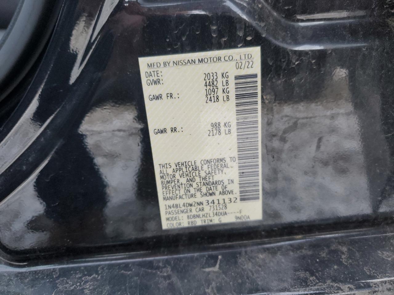 2022 NISSAN ALTIMA SV VIN:1N4BL4DW2NN341132