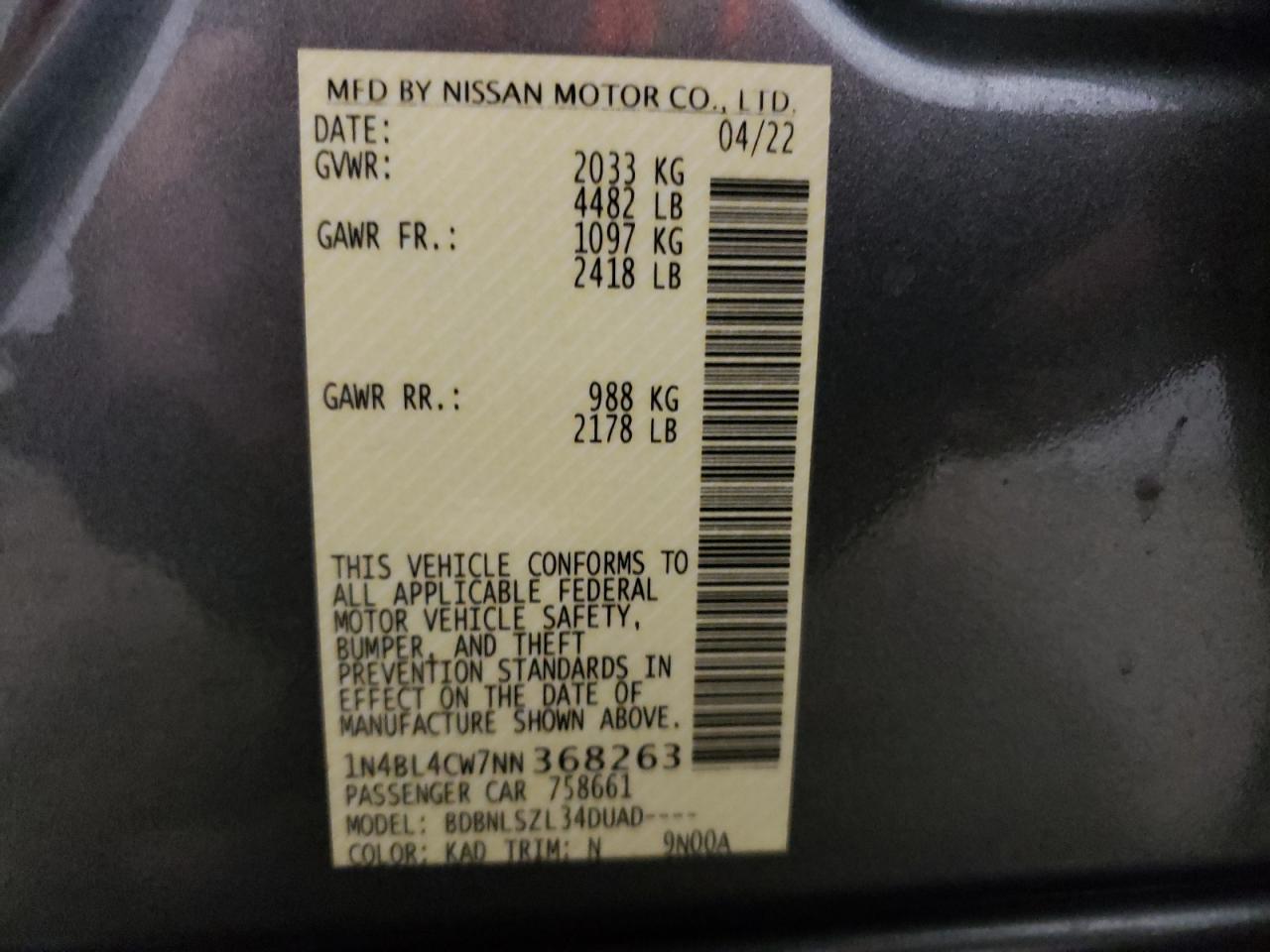 2022 NISSAN ALTIMA SR VIN:1N4BL4CW7NN368263