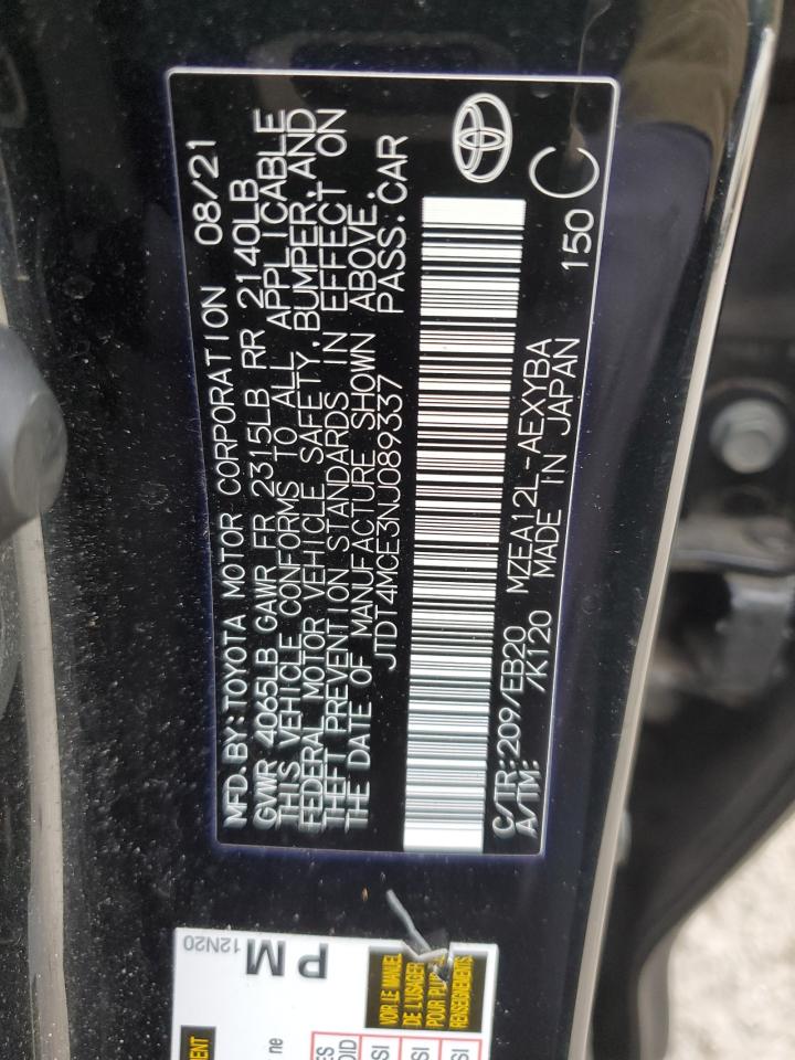 2022 TOYOTA COROLLA XSE VIN:JTDT4MCE3NJ089337