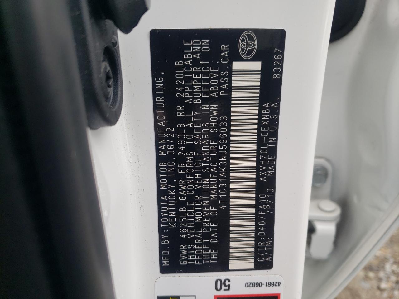 2022 TOYOTA CAMRY LE VIN:4T1C31AK3NU596033