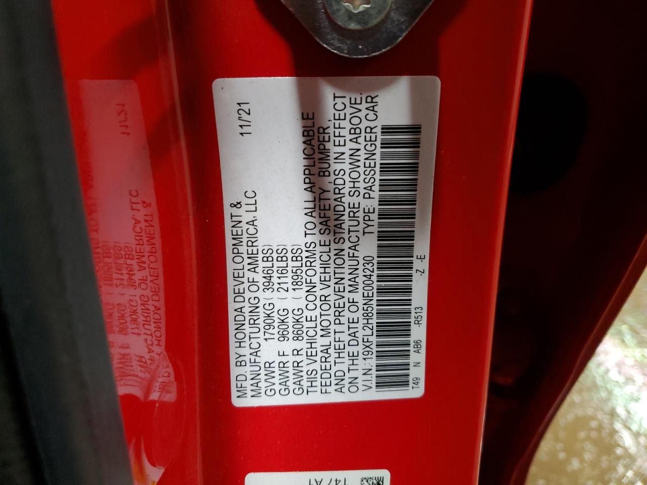 2022 HONDA CIVIC SPORT VIN:19XFL2H85NE004230
