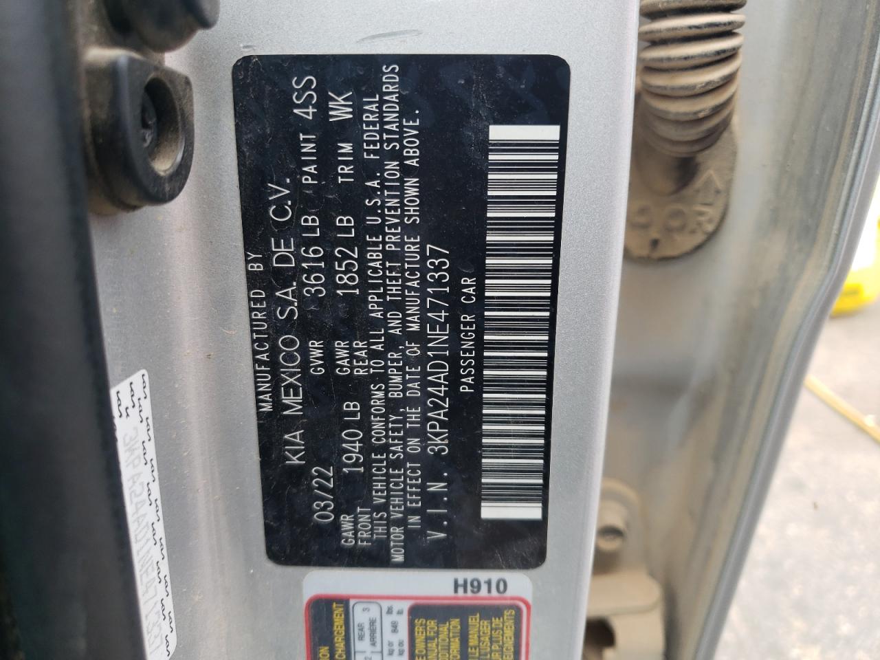2022 KIA RIO LX VIN:3KPA24AD1NE471337
