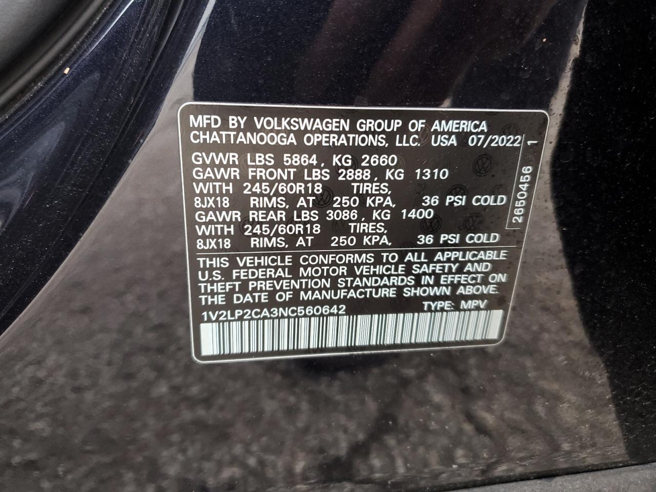 2022 VOLKSWAGEN ATLAS SE VIN:1V2LP2CA3NC560642