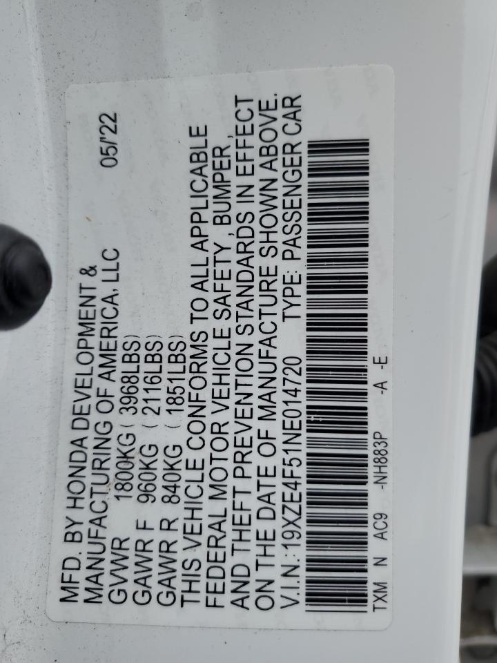 2022 HONDA INSIGHT EX VIN:19XZE4F51NE014720