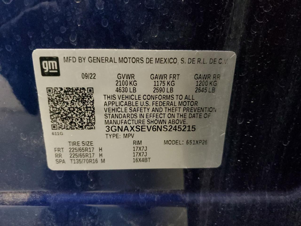 2022 CHEVROLET EQUINOX LS VIN:3GNAXSEV6NS245215