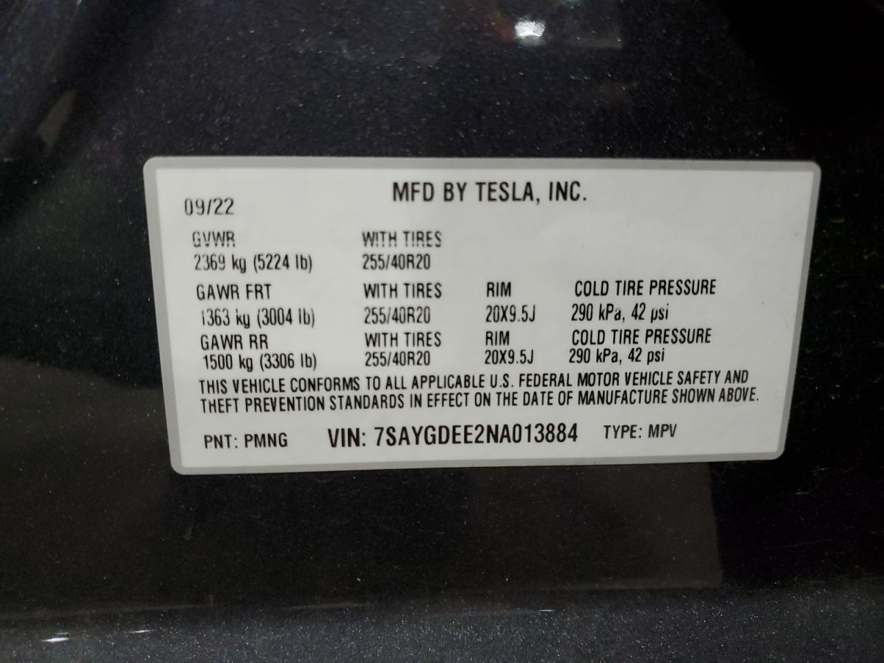 2022 TESLA MODEL Y VIN:7SAYGDEE2NA013884
