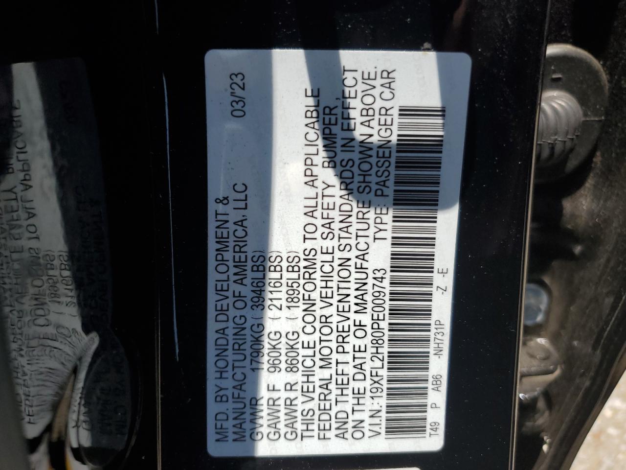 2023 HONDA CIVIC SPORT VIN:19XFL2H80PE009743