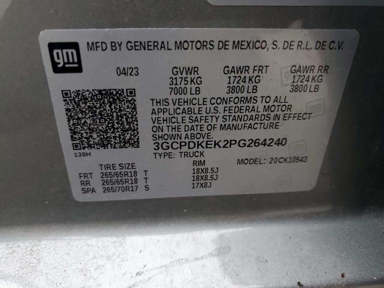 2023 CHEVROLET SILVERADO K1500 LT-L VIN:3GCPDKEK2PG264240