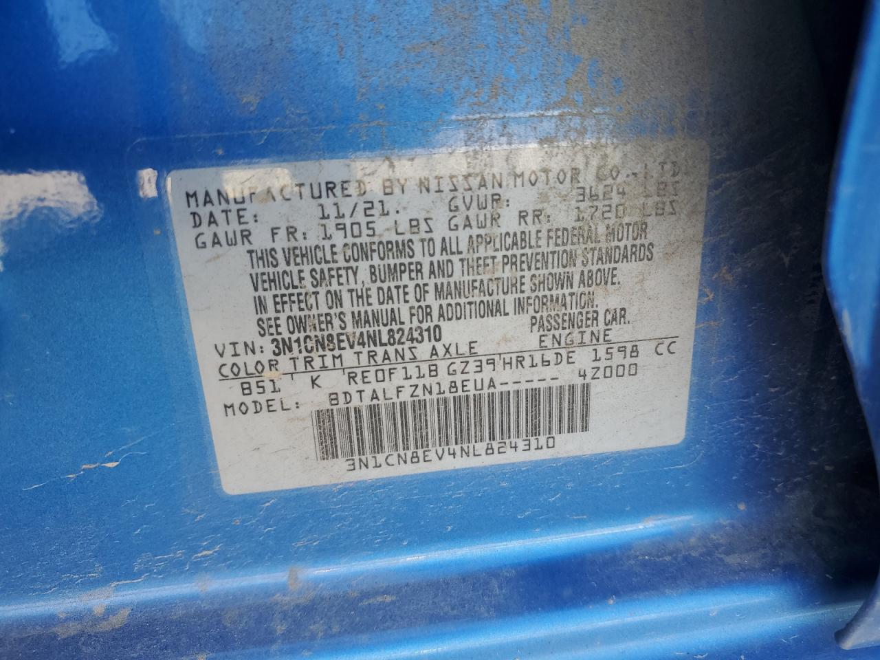 2022 NISSAN VERSA SV VIN:3N1CN8EV4NL824310