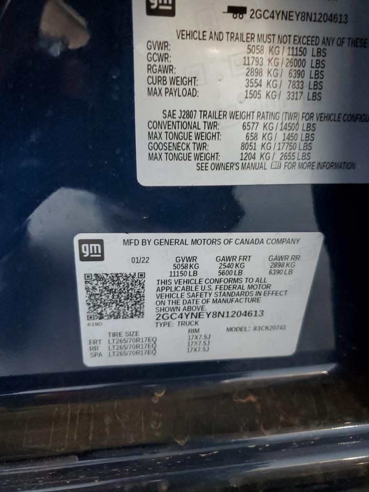 2022 CHEVROLET SILVERADO K2500 HEAVY DUTY LT VIN:2GC4YNEY8N1204613