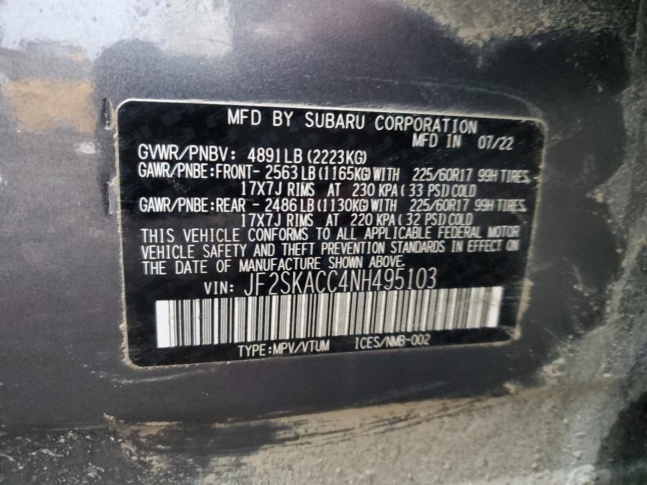 2022 SUBARU FORESTER VIN:JF2SKACC4NH495103
