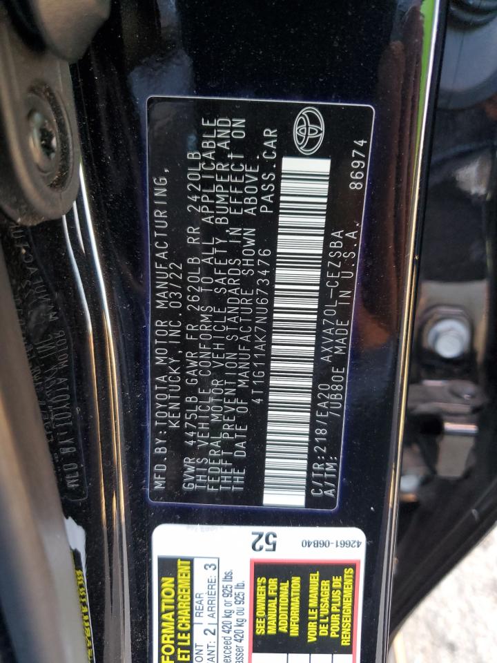 2022 TOYOTA CAMRY SE VIN:4T1G11AK7NU673476