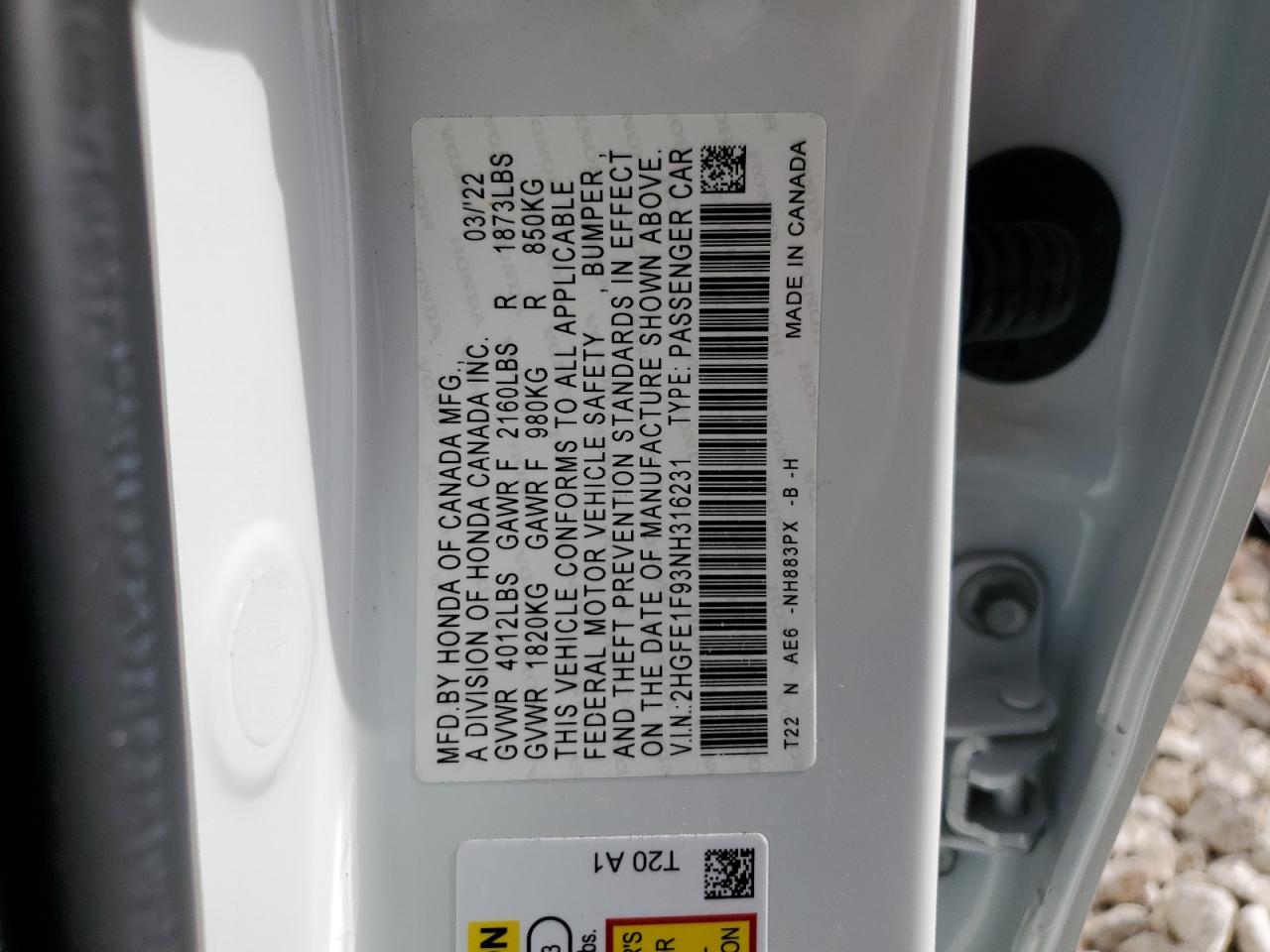 2022 HONDA CIVIC TOURING VIN:2HGFE1F93NH316231