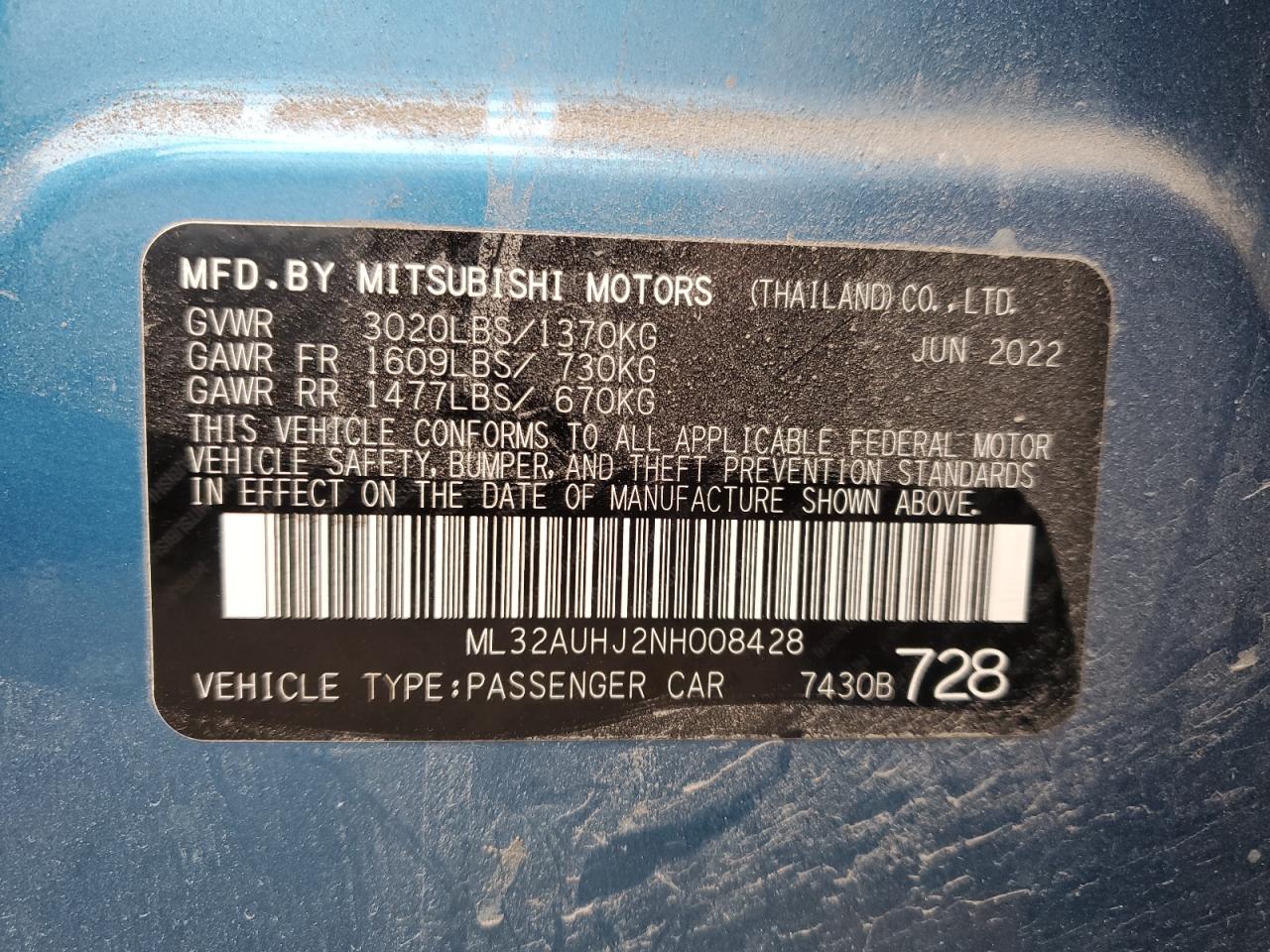 2022 MITSUBISHI MIRAGE ES VIN:ML32AUHJ2NH008428