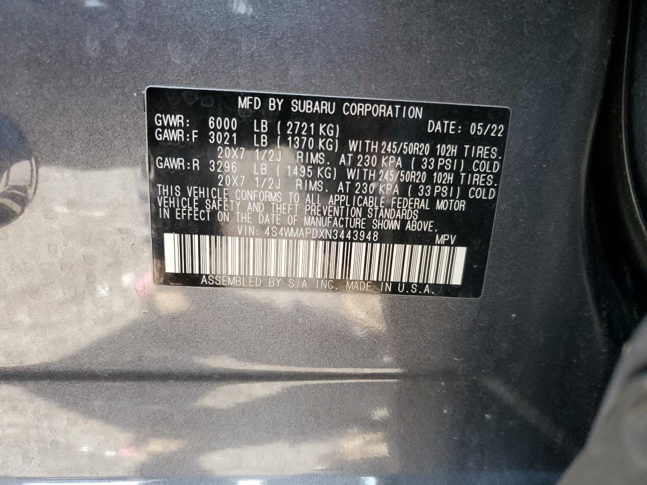 2022 SUBARU ASCENT LIMITED VIN:4S4WMAPDXN3443948