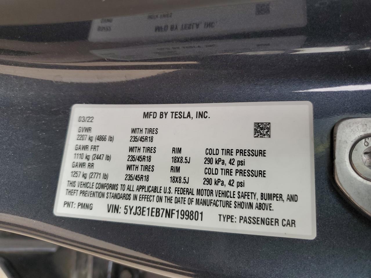 2022 TESLA MODEL 3 VIN:5YJ3E1EB7NF199801
