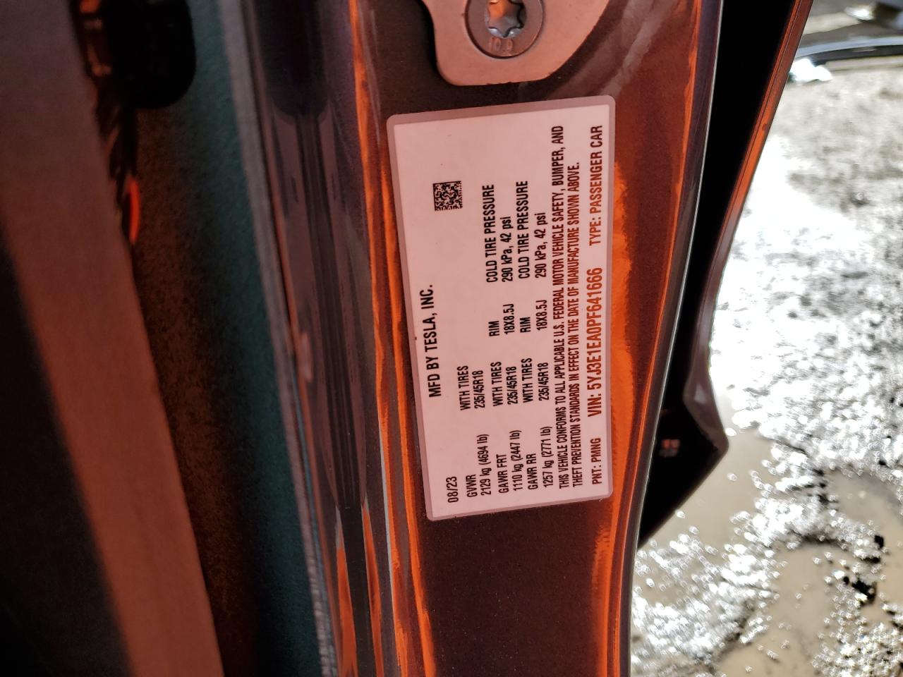 2023 TESLA MODEL 3 VIN:5YJ3E1EA0PF641666