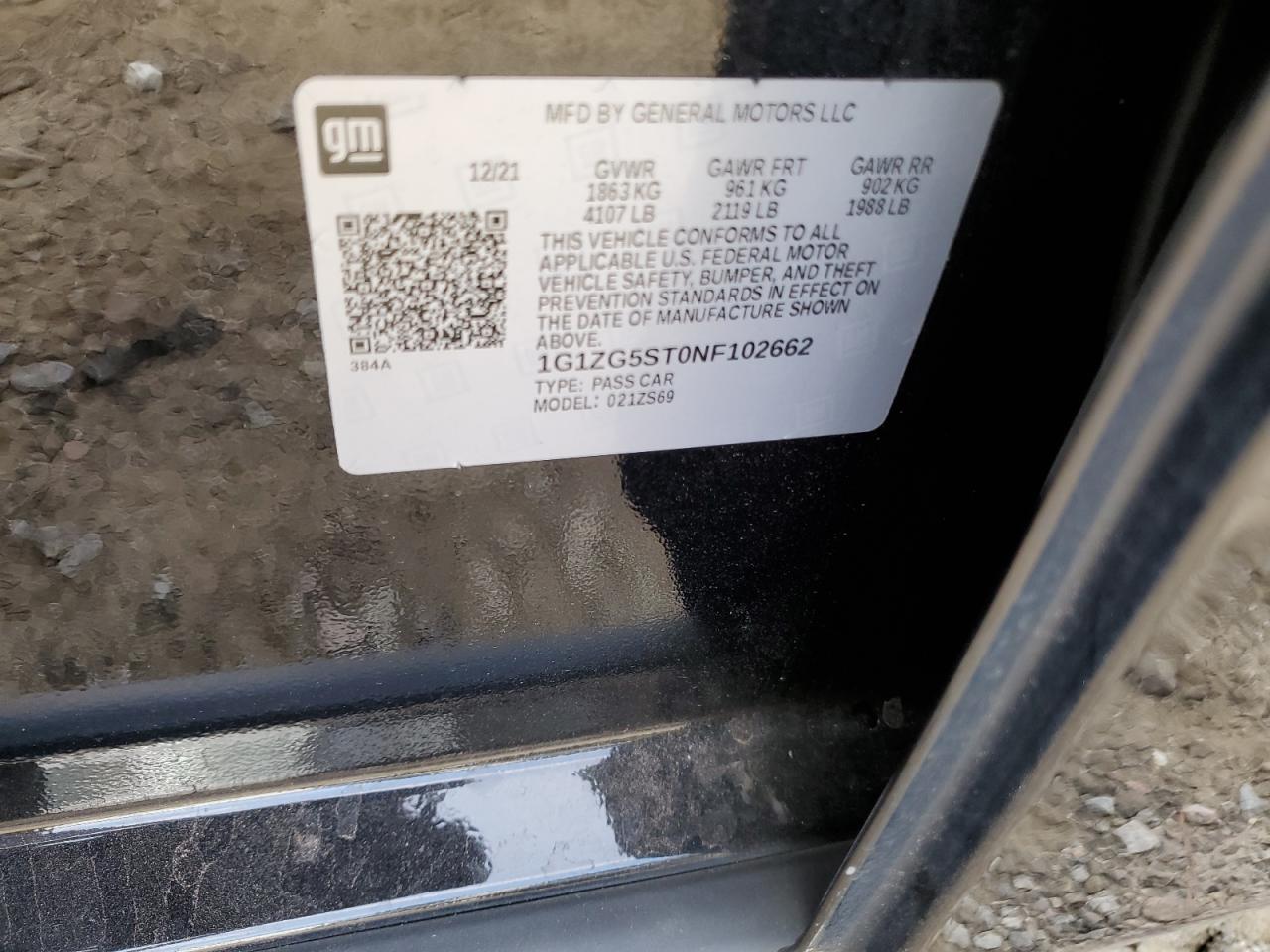 2022 CHEVROLET MALIBU RS VIN:1G1ZG5ST0NF102662