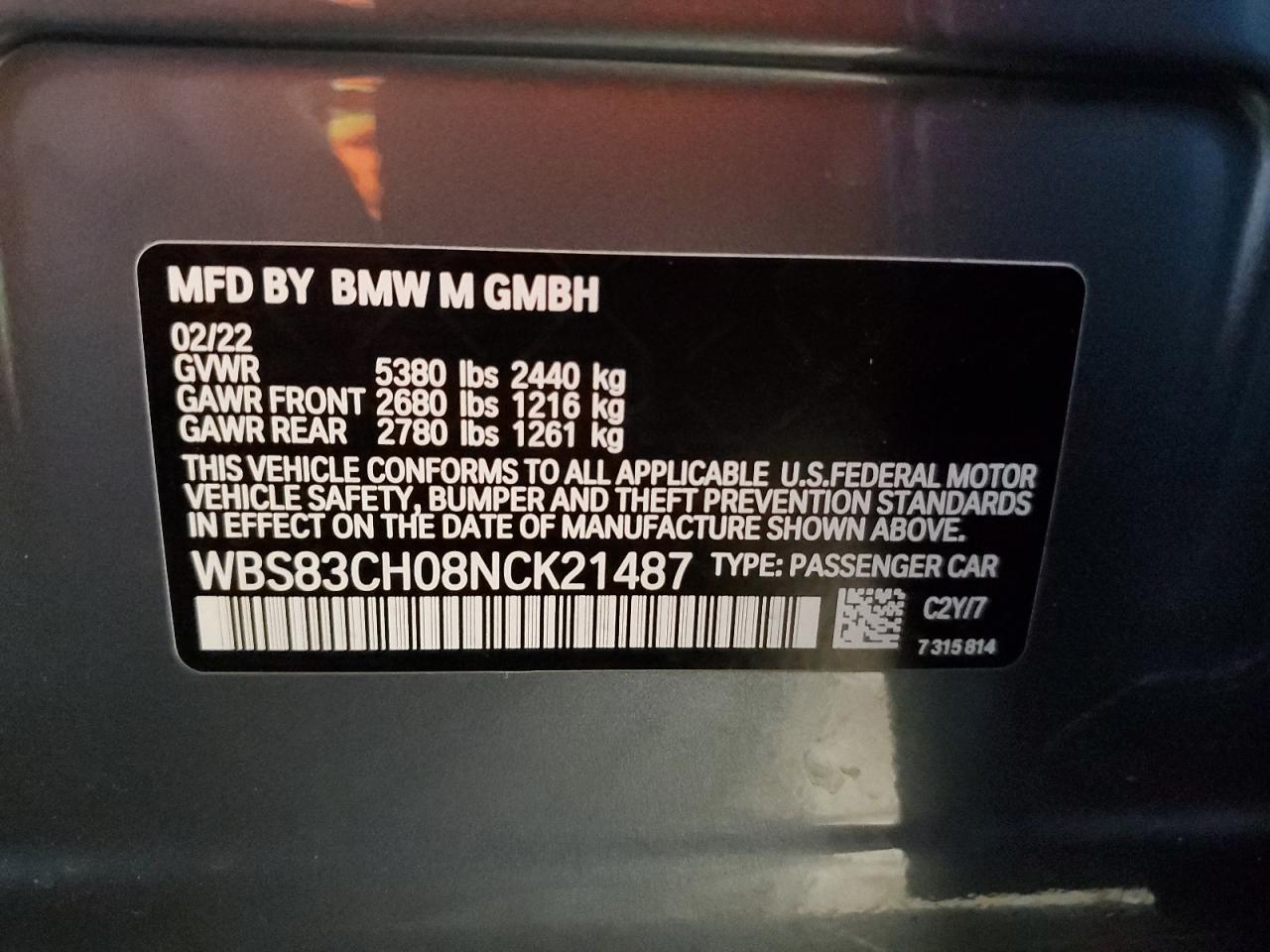 2022 BMW M5 VIN:WBS83CH08NCK21487