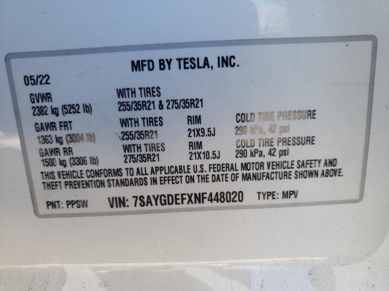 2022 TESLA MODEL Y VIN:7SAYGDEFXNF448020