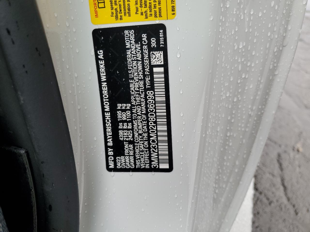 2023 BMW 230I VIN:3MW23CM02P8D36998