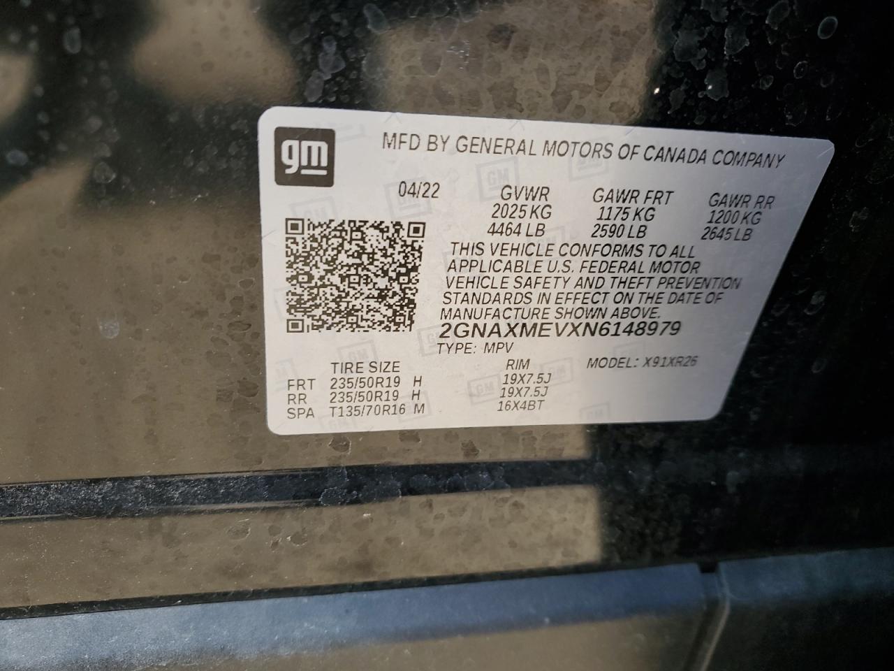 2022 CHEVROLET EQUINOX RS VIN:2GNAXMEVXN6148979