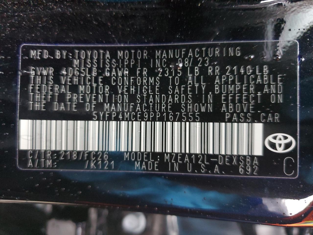 2023 TOYOTA COROLLA SE VIN:5YFP4MCE9PP167555