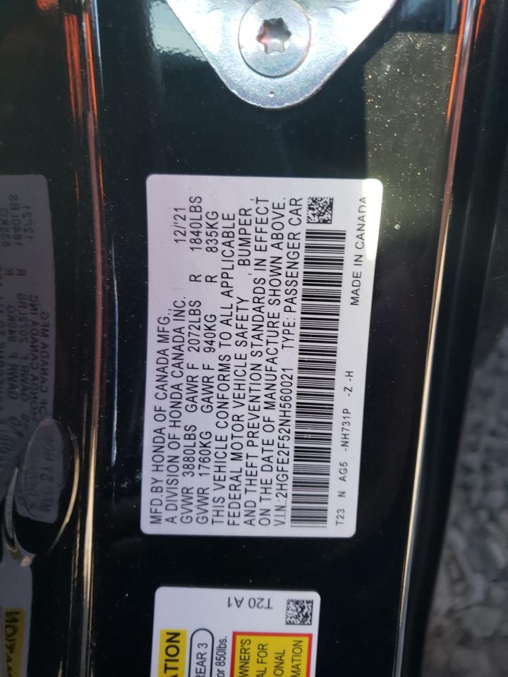 2022 HONDA CIVIC SPORT VIN:2HGFE2F52NH560021