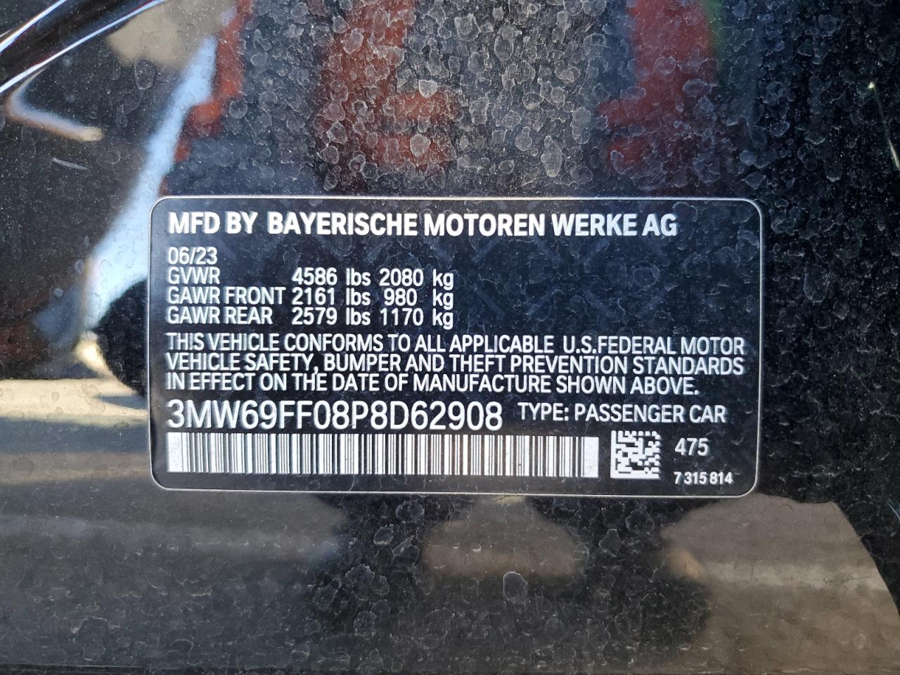 2023 BMW 330I VIN:3MW69FF08P8D62908