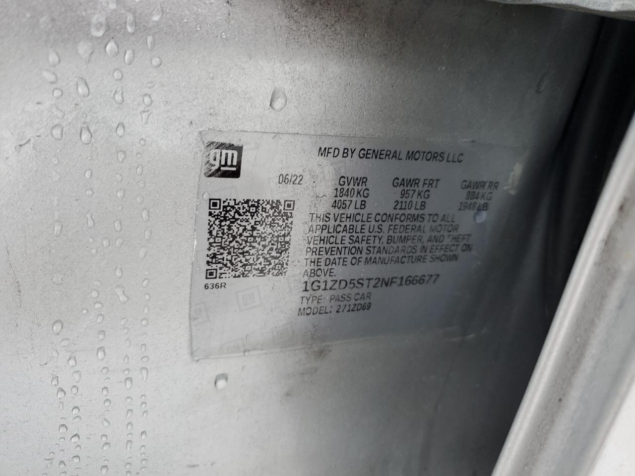 2022 CHEVROLET MALIBU LT VIN:1G1ZD5ST2NF166677