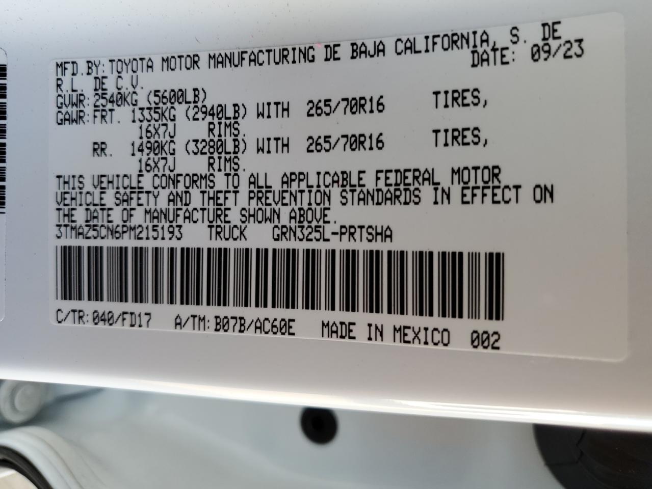 2023 TOYOTA TACOMA DOUBLE CAB VIN:3TMAZ5CN6PM215193