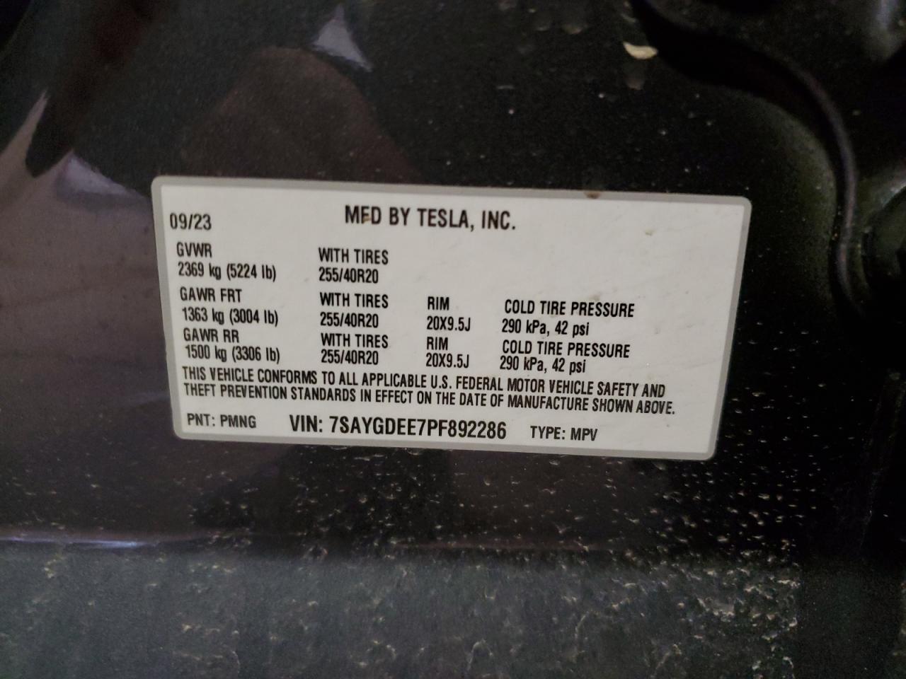 2023 TESLA MODEL Y VIN:7SAYGDEE7PF892286