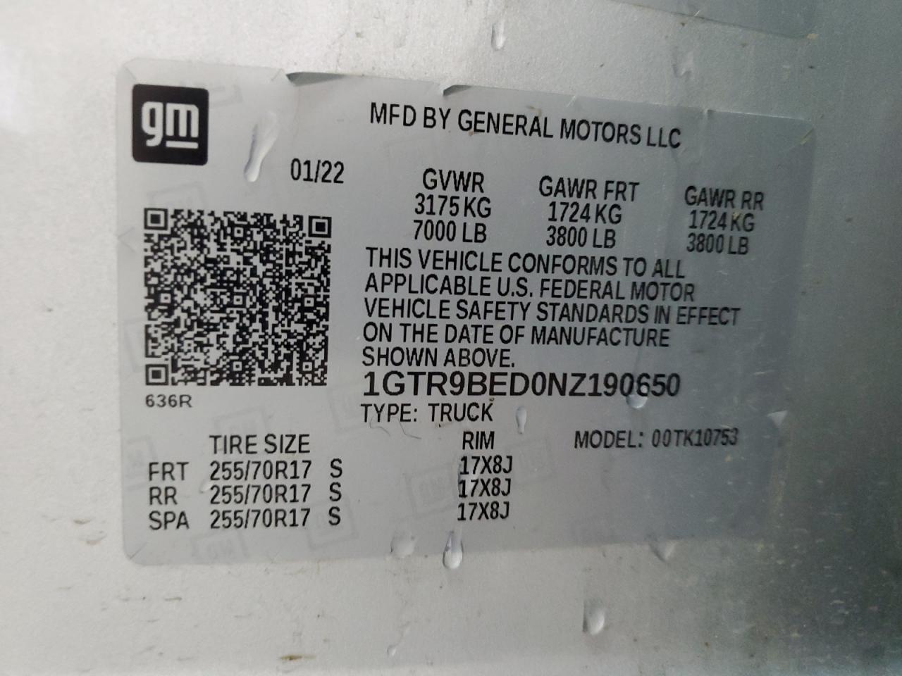 2022 GMC SIERRA LIMITED K1500 SLE VIN:1GTR9BED0NZ190650