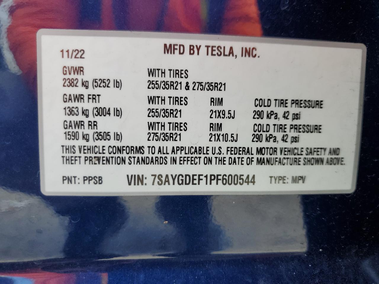 2023 TESLA MODEL Y VIN:7SAYGDEF1PF600544