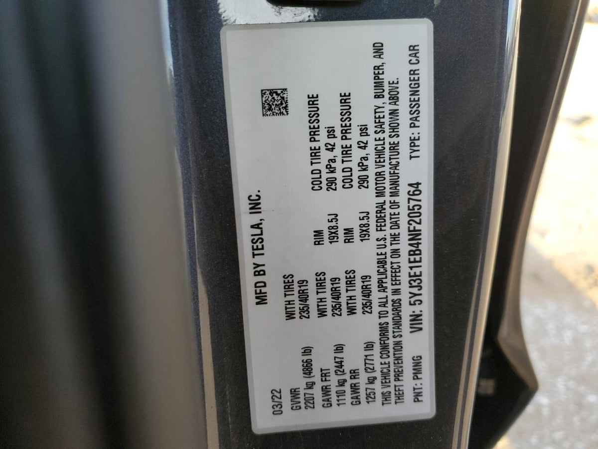 2022 TESLA MODEL 3 VIN:5YJ3E1EB4NF205764