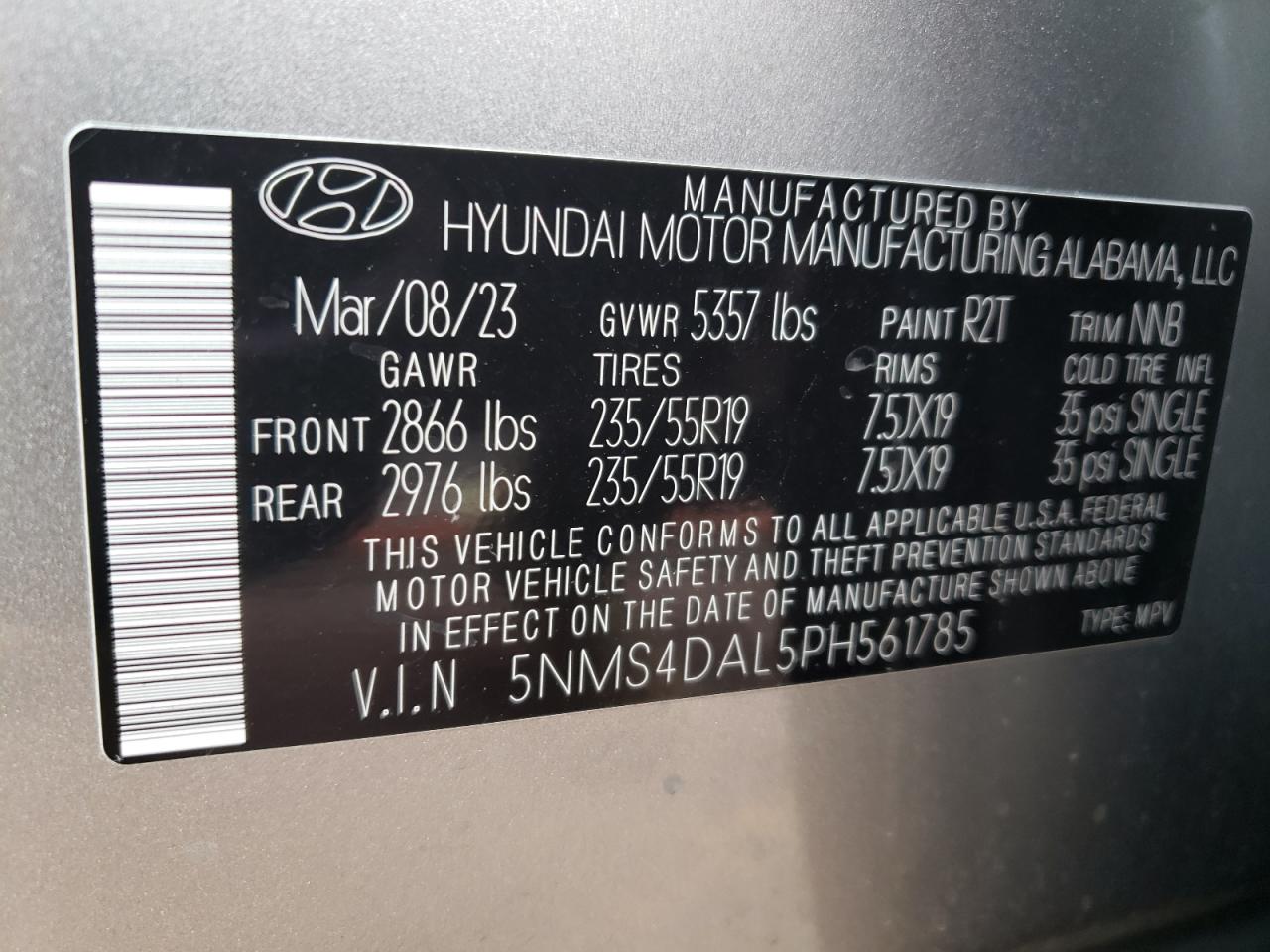 2023 HYUNDAI SANTA FE LIMITED VIN:5NMS4DAL5PH561785