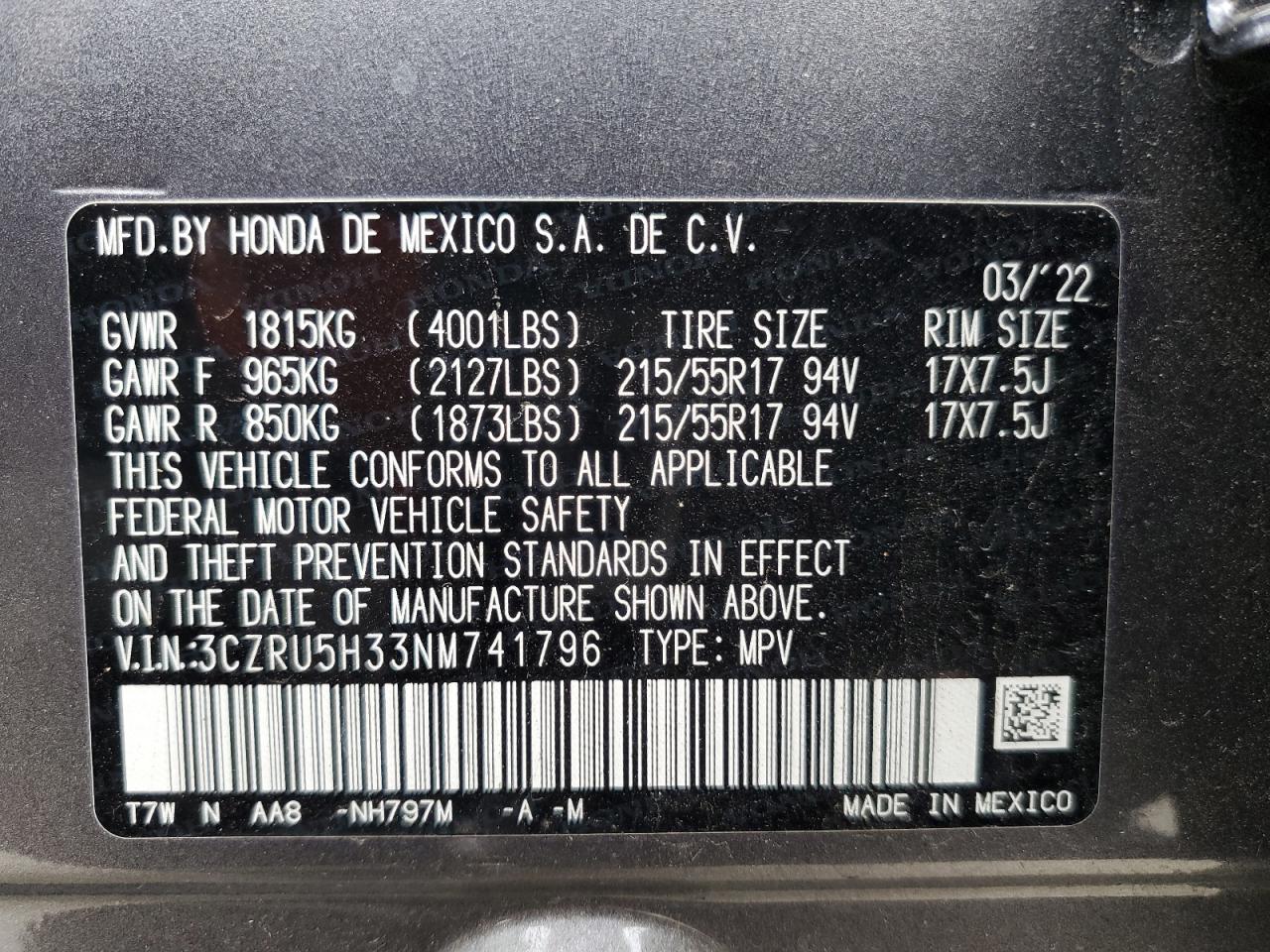 2022 HONDA HR-V LX VIN:3CZRU5H33NM741796
