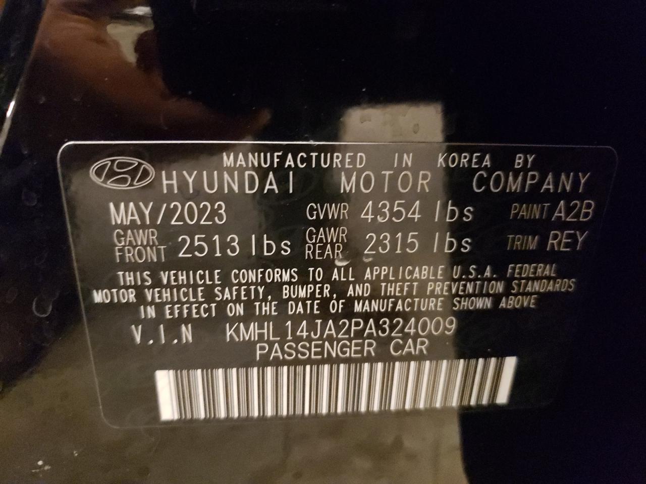 2023 HYUNDAI SONATA SEL VIN:KMHL14JA2PA324009